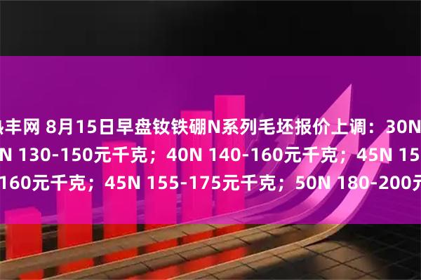 热丰网 8月15日早盘钕铁硼N系列毛坯报价上调：30N 110-130元千克；35N 130-150元千克；40N 140-160元千克；45N 155-175元千克；50N 180-200元千克