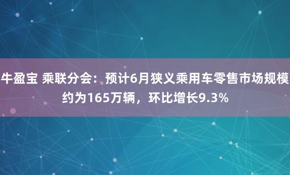 牛盈宝 乘联分会：预计6月狭义乘用车零售市场规模约为165万辆，环比增长9.3%